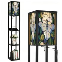 Floor Lamp with Shelves,Modern Dimmable Standing Lamp Dragonfly Paint By Numbers Oil Home Wall Decor Corner Display Bookshelf Lamp with 2 USB & 1 Power Outlet for Living Room & Bedroom