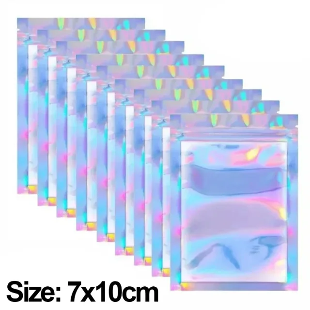 Bolsas de plástico holográficas para almacenamiento de alimentos, bolsas de sellado láser de 50/10 piezas, resellables, para dulces, collares, joyas, regalos, embalaje de cocina