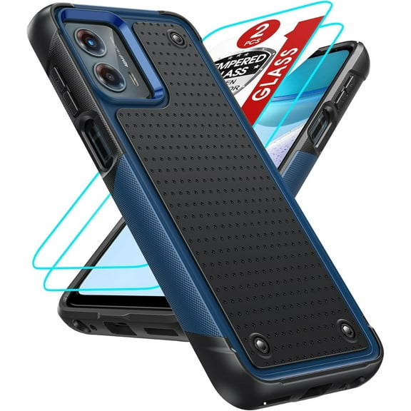 for Moto G 5G 2023 Case, Motorola G 5G Case with 2 Pack Tempered Glass Screen Protector, Dual Layer Protective Hard PC Back & Soft Bumper Resilient Shock Absorb Phone Case for Moto G 5G, Blue