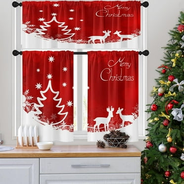 Christmas Tree Kitchen Curtains Reindeer Snowflake Red Window Curtains Valance and Tier Set 36 Inch Rod Pocket Short Tier Curtain for Room Kitchen Decor