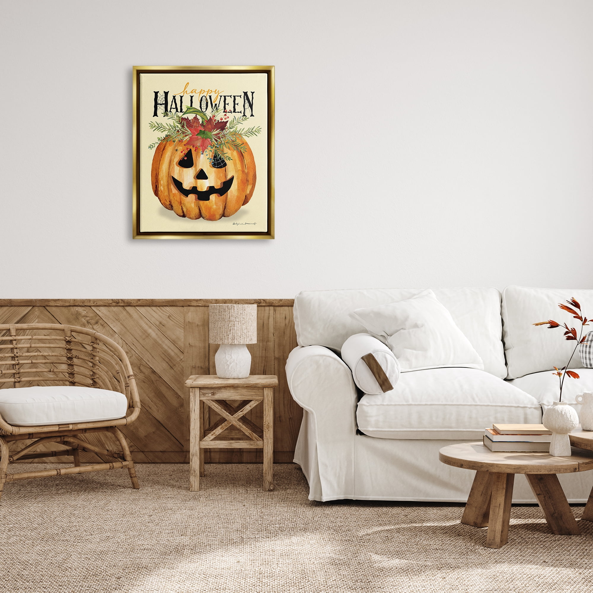 Stupell Industries Happy Halloween Jack-o-Lantern Holiday Painting Gold Floater Framed Art Print Wall Art