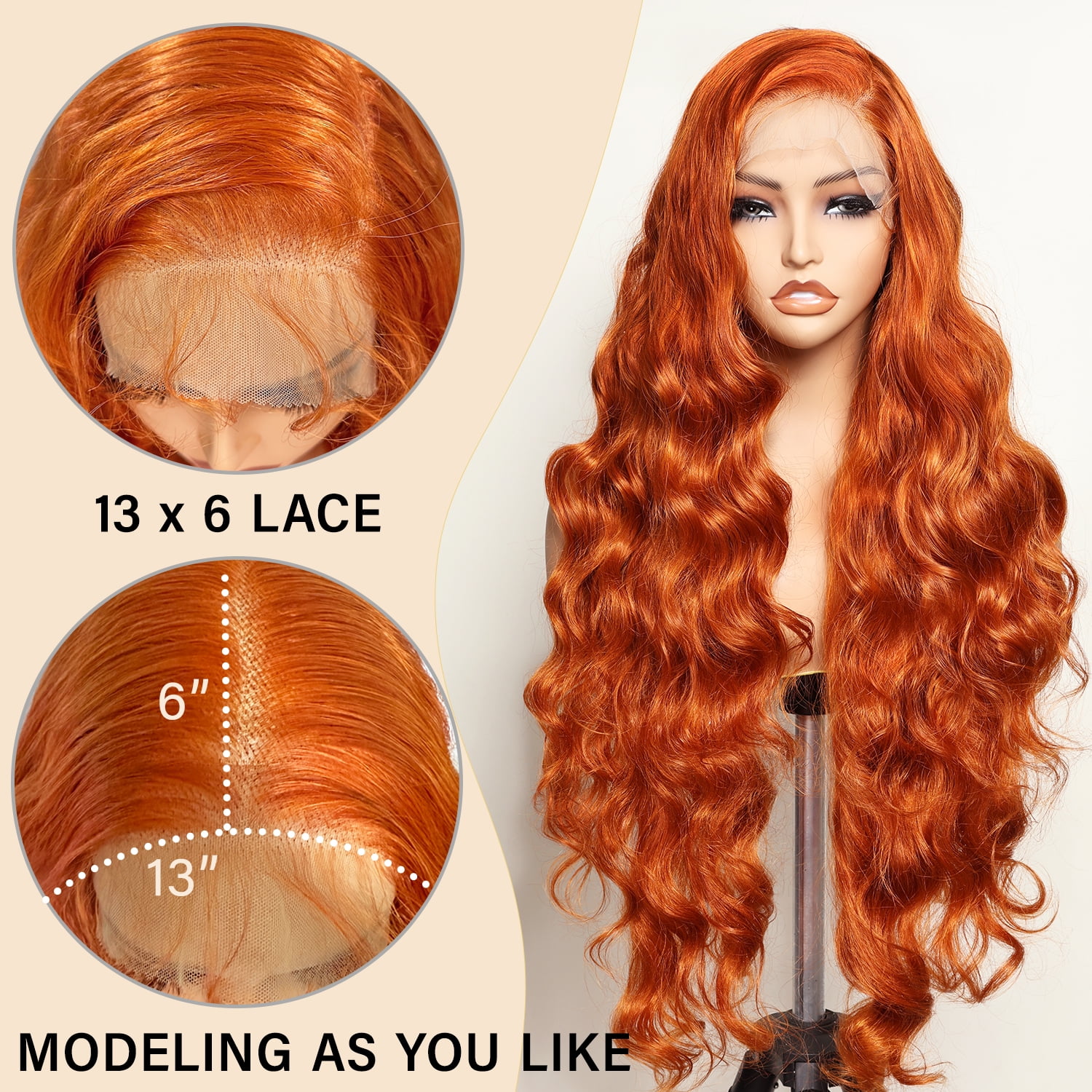 13x6 Lace Frontal Wig 32 Inch Ginger Body Wave Synthetic Pre Plucked with Baby Hair Transparent Swiss Lace Heat Friendly Cooper Lace Front Wigs for Women