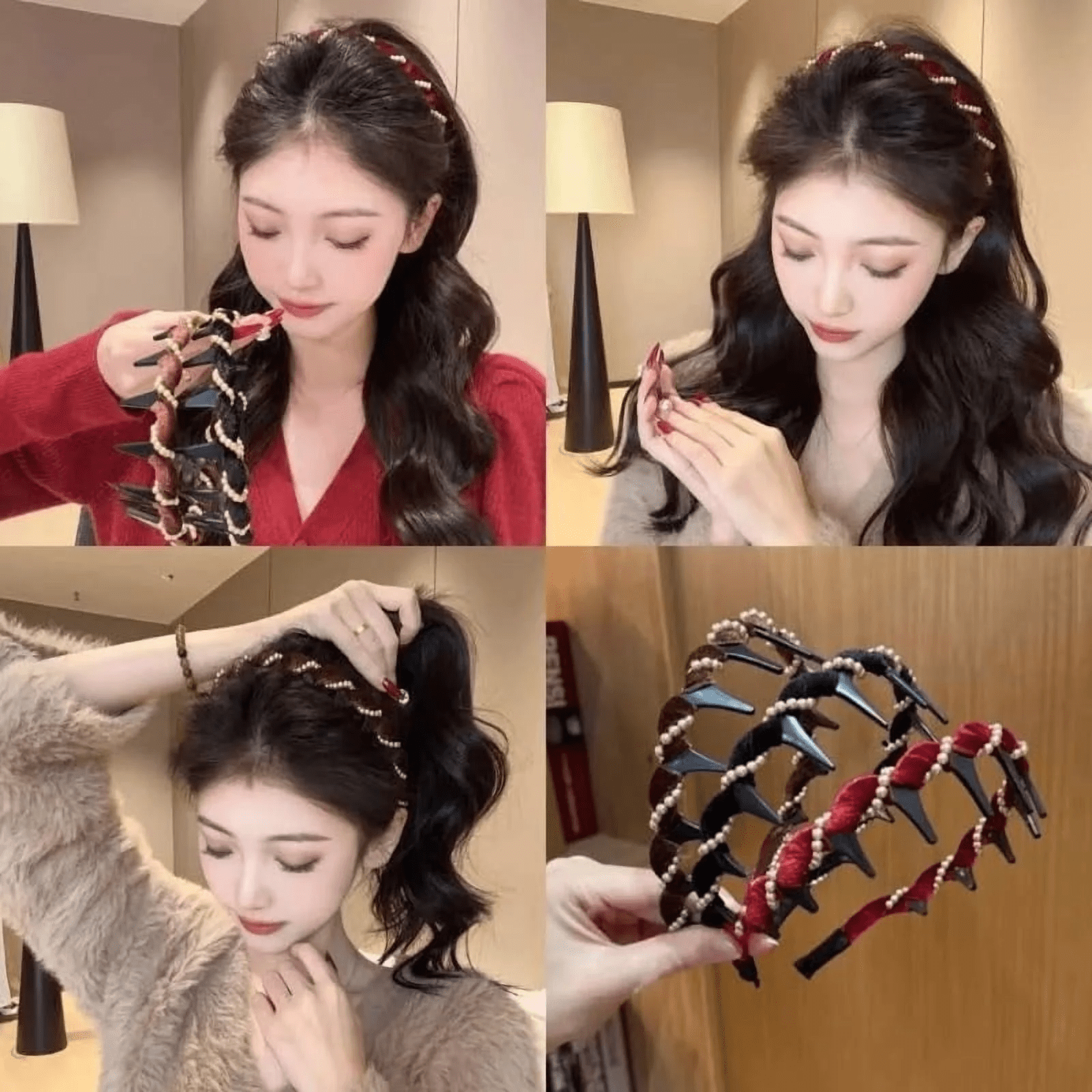 2026 New Retro High Skull Pearl Headband, Voluminous Comb Headband With Teeth for Women, Vintage High Cranium Artificial Pearl Hairband, Anti-Slip Wavy Zigzag Headbands (2PC-D)