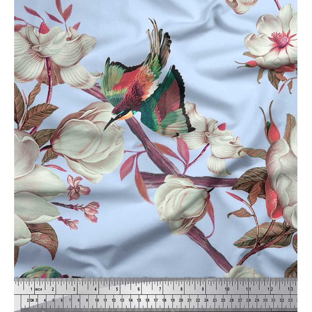 Soimoi Blue Georgette Viscose Fabric Floral & Bird Decor Fabric Printed Yard 44 Inch Wide