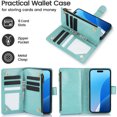 thumbnail image 5 of Butterfly Flower Embossed Wallet Case for iPhone 12 Pro Max, PU Leather Case Magnetic Closure Handbag Zipper Pocket Case Kickstand Card Slots with Hand Strap Flip Case for Women Girls, Green, 5 of 7