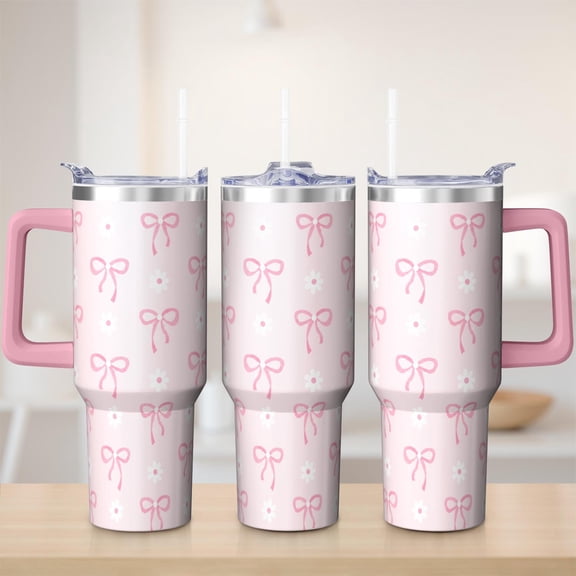 Bow tumbler 40 oz tumbler with handle and straw 304 stainless steel travel cup coffee mug water bottle suitable as a gifts for women mom gifts gift for bow lovers