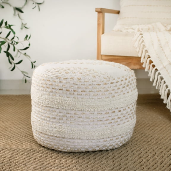 Laddha Home Designs Embroidered Geometric Striped Round Pouf Ottoman - 18" - Beige and White