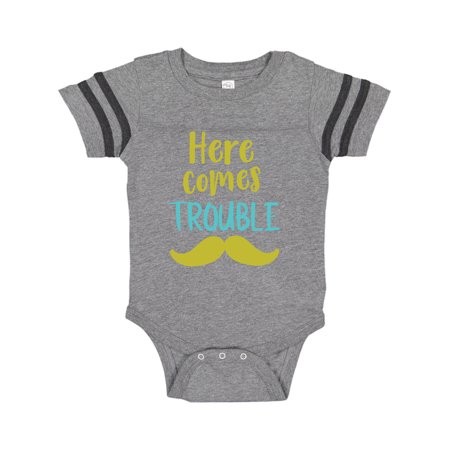 

Inktastic Here Comes Trouble Mustache - Blue Green Gift Baby Boy or Baby Girl Bodysuit