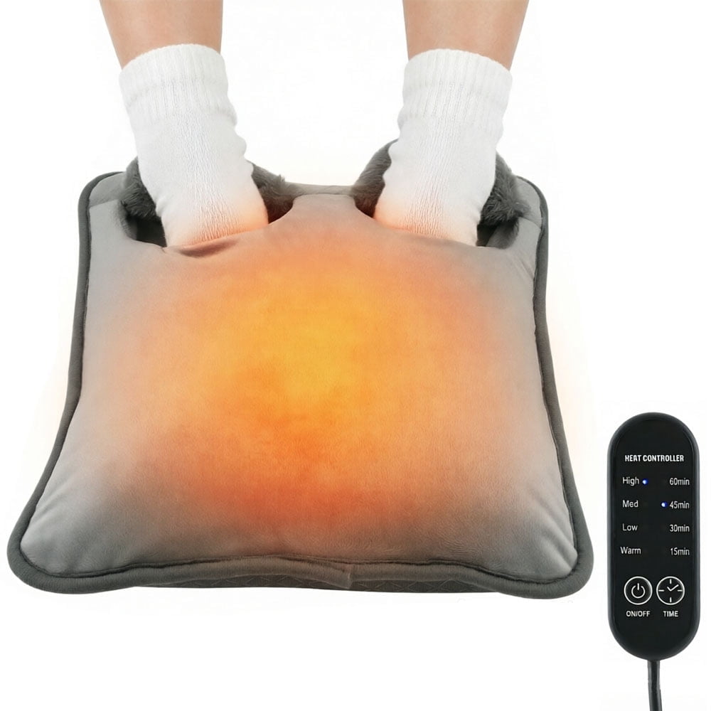 Hwallkare Electric Foot Warmer with 4 Heat Settings & 4 Timers, USB Foot Heating Pad for Feet, Soft Plush Heated Foot Warmer for Under Desk Bed Office Home (13"x13.8", Gray)
