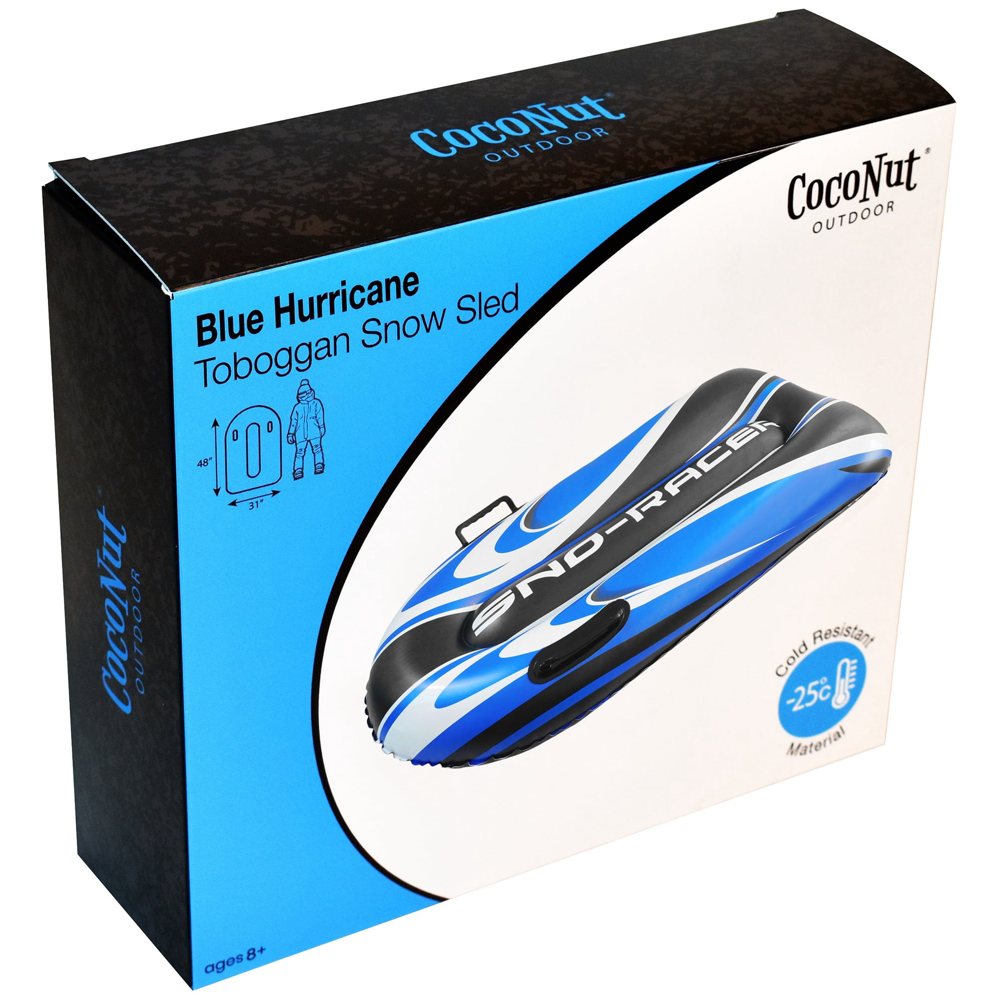 CocoNut Outdoor: Blue Hurricane Toboggan Snow Sled - 48x31" Blue-Black-White, Winter Inflatable, Cold Resistant PVC, 200lb Cap, Kids-Teens-Adults 8+