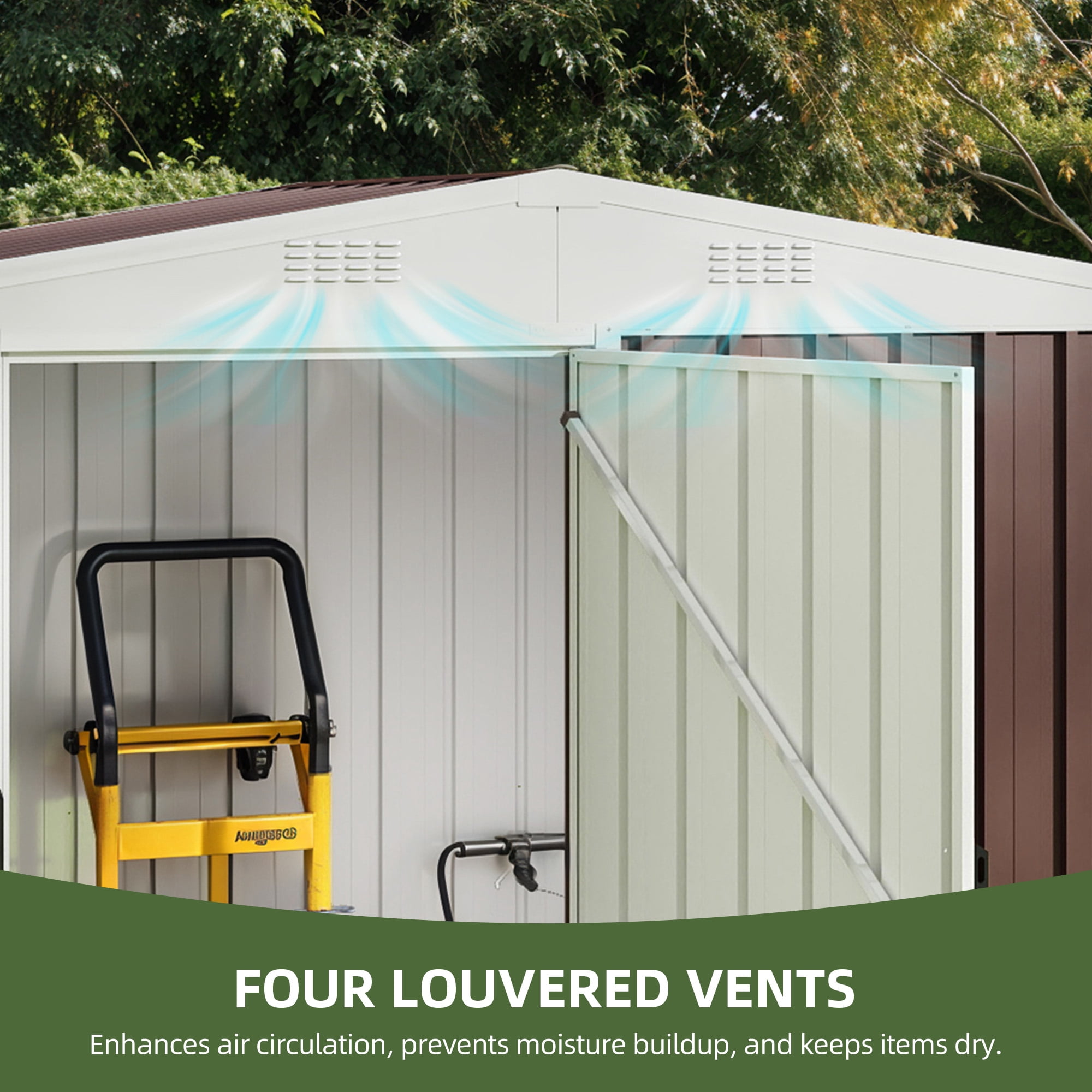 Uforic 8x4 FT Outdoor Metal Storage Shed with Shelves, Lockable Tool Cabinet for Garden (Brown)
