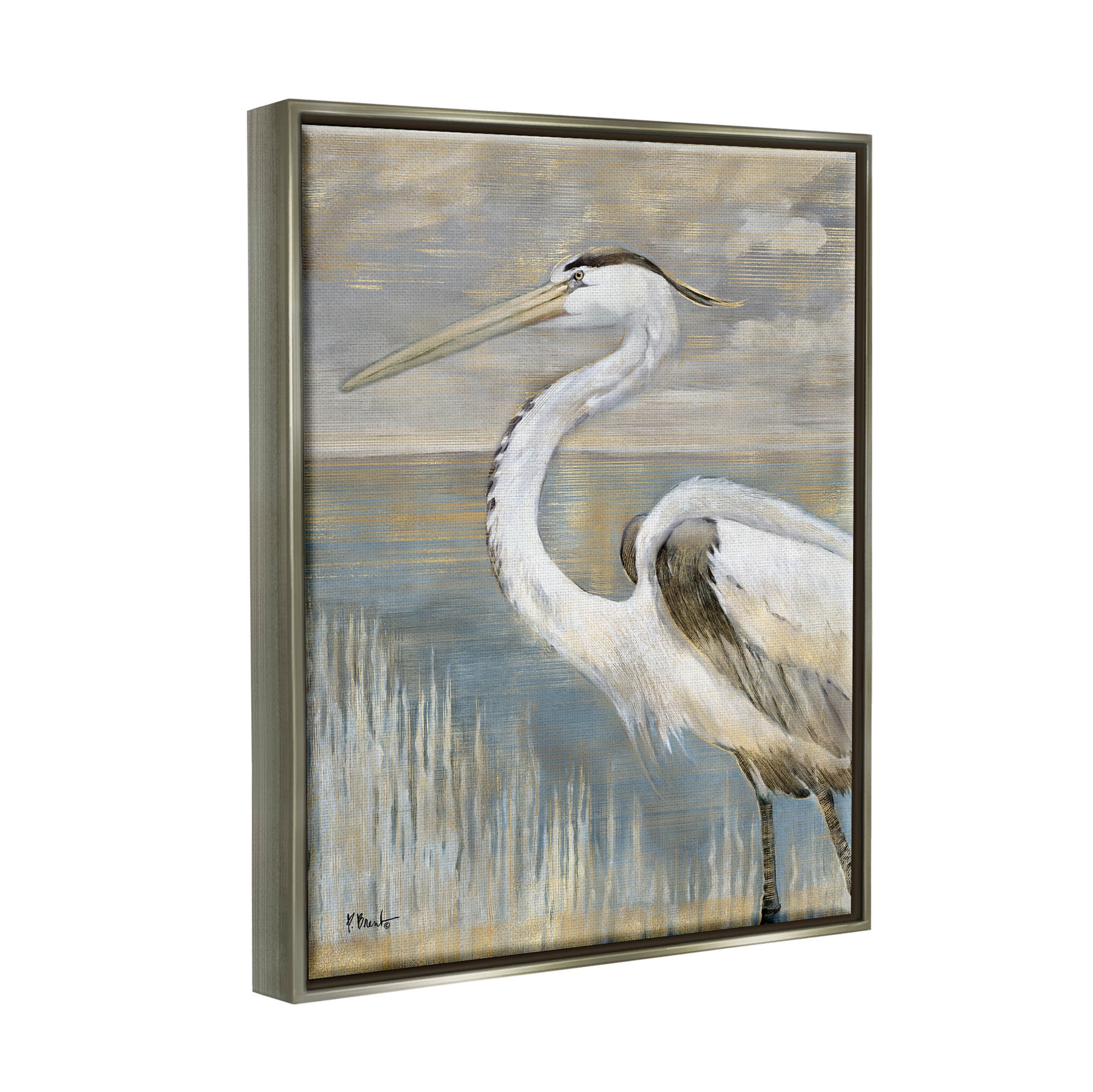Stupell Industries Heron Bird Abstract Marshland Coast Painting Luster Gray Floating Framed Canvas Print Wall Art, Design by Paul Brent