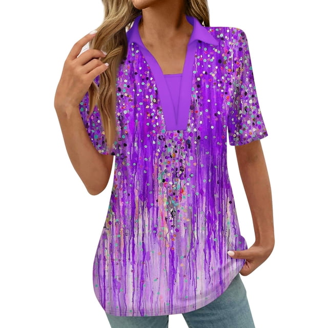 Tops Cortos para las Mujeres Blusas Impresas Manga Corta Turndown Collar Camiseta, Tops de Blusa para las Mujeres Casual
