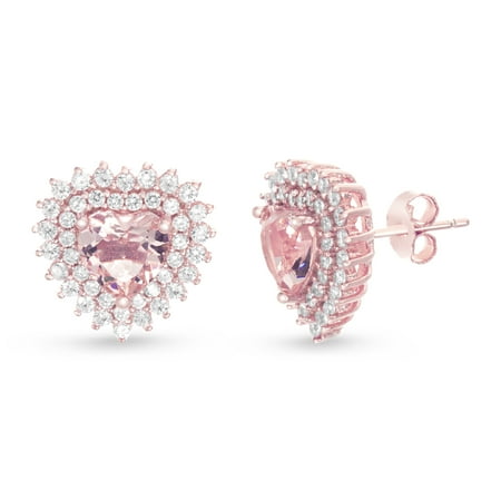 Heart Sterling Silver Post Earrings (White Cubic Zirconia Simulated Morganite Heart Center Double Halo Post Earrings in Rose Gold over Sterling)