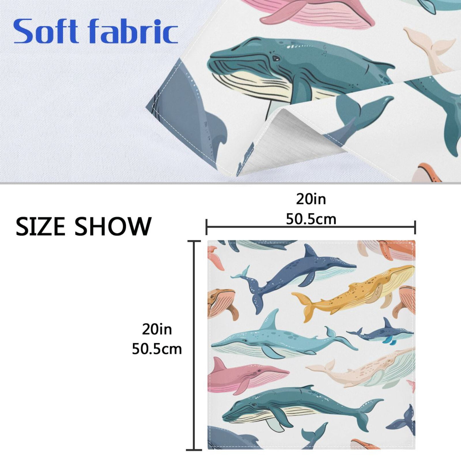 JSTEL Colorful Whales Cloth Napkins Set of 6, 20x20 Inch Washable and Reusable Napkin for Decoupage Dinner Party Everyday Use