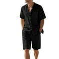 thumbnail image 2 of Men's Linen Vacation 2-Piece Beach Set, Solid Color Lightweight Button-Down Pocket Shirt and Elastic Waist Shorts, Summer Outfit For Holiday,Black,L, 2 of 7