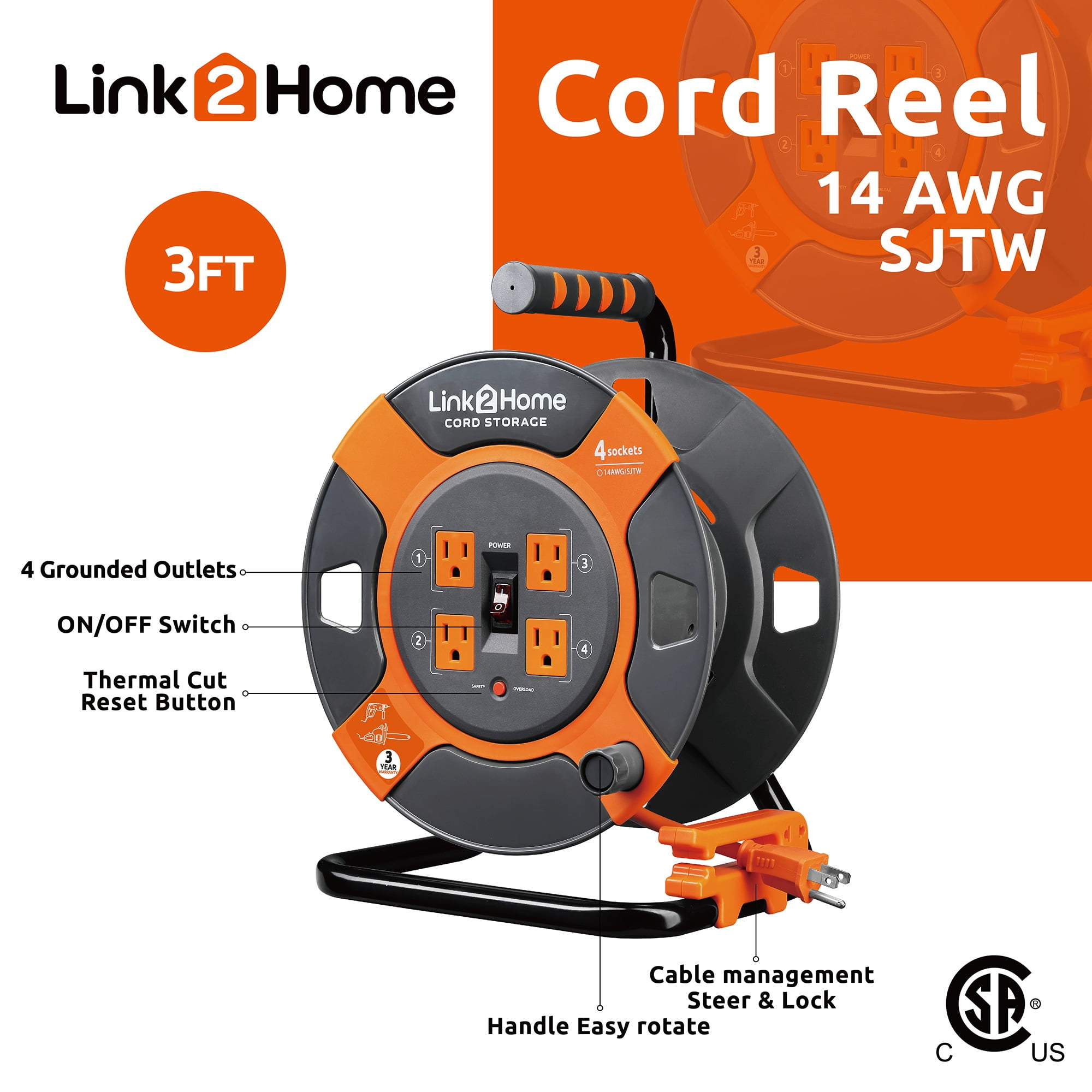 WILAWELS Extension Cord Storage Reel with 4-Grounded Outlets Heavy