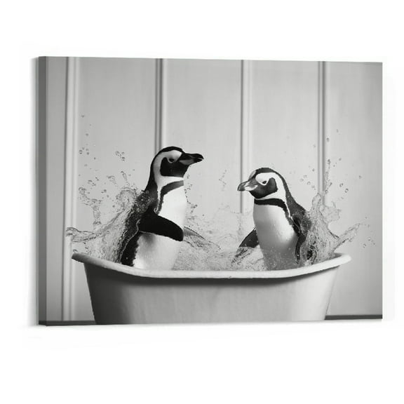 PRATYUS Bathroom Penguin Animal Canvas Wall Art Funny Penguin Painting Print Black and White Animal Picture Bathroom Decor Frame (20x16 Inch)