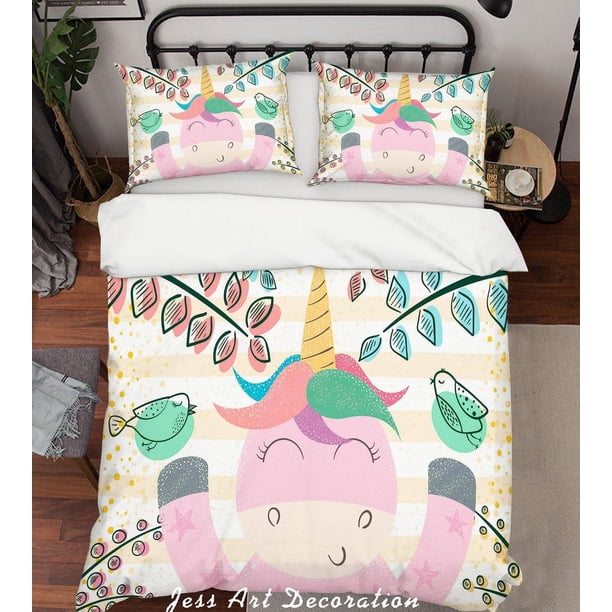 3D Unicornio Rosa Rayas Hojas Pájaro Funda de edredón Juego de ropa de cama Fundas de almohada 10