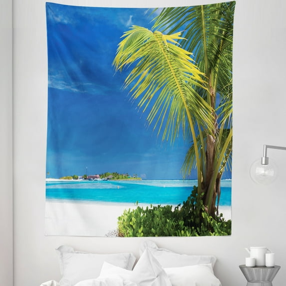 Ocean Tapestry, Caribbean Polynesia Tropics Small Palm Trees Relaxing Vacation Seascape Image, Fabric Wall Hanging Decor for Bedroom Living Room Dorm, 5 Sizes, Green Blue White, by Ambesonne