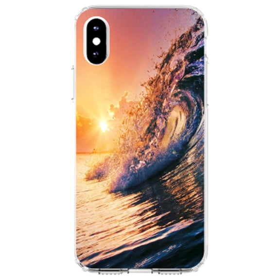 DistinctInk Clear Shockproof Hybrid Case for iPhone XR (6.1" Screen) - TPU Bumper, Acrylic Back, Tempered Glass Screen Protector - Ocean Wave Sunset