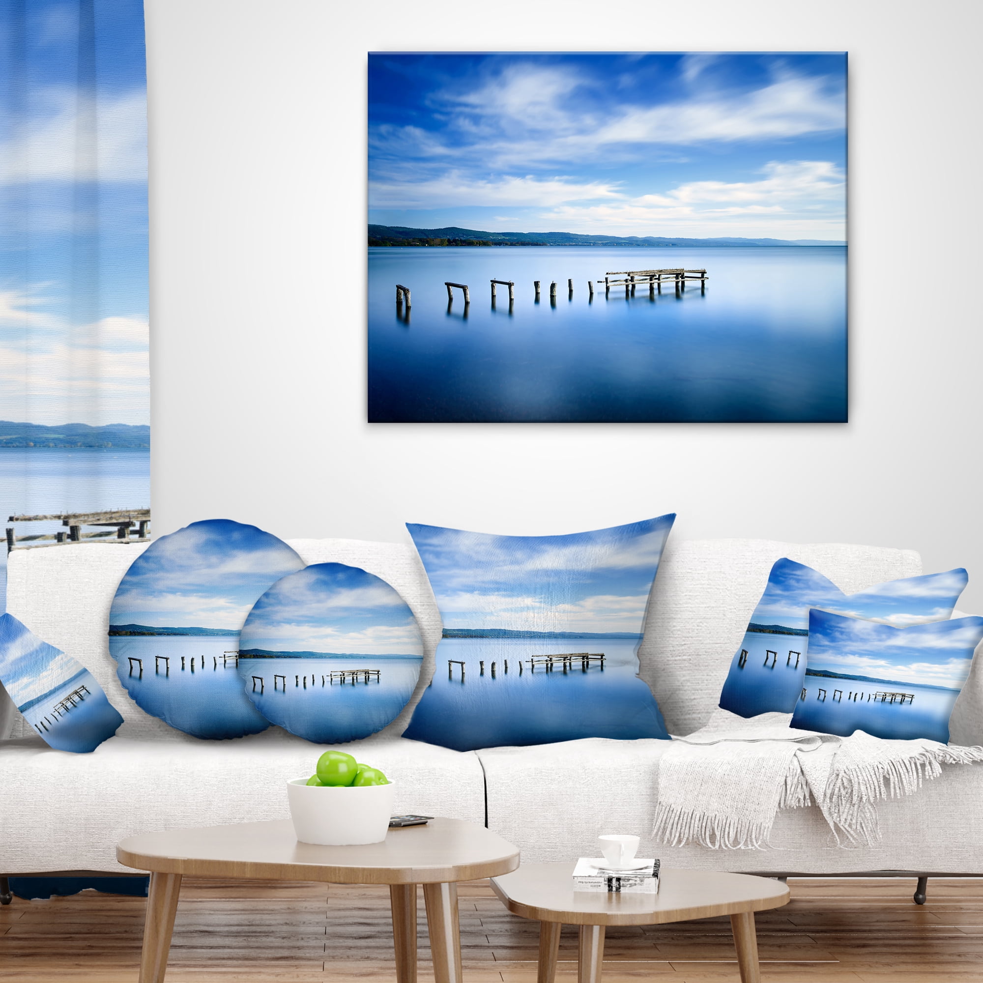 Designart White Clouds and Blue Sea - Seascape Throw Pillow - 12x20