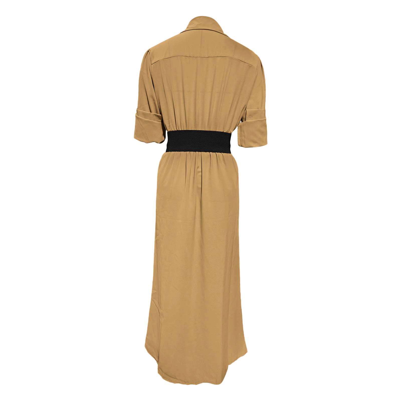 YueHuiYing Women's Single Breasted Shirt Lapel Elegant Belt Slim Fit Pleated Long Sleeves Solid Color Slit Party Dress