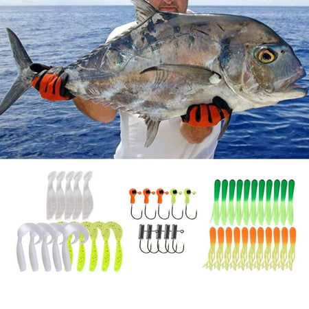 Realistic Fishing Lures and Tackles Set 35Pcs Soft Worm Baits + 10 Lead Jig Heads