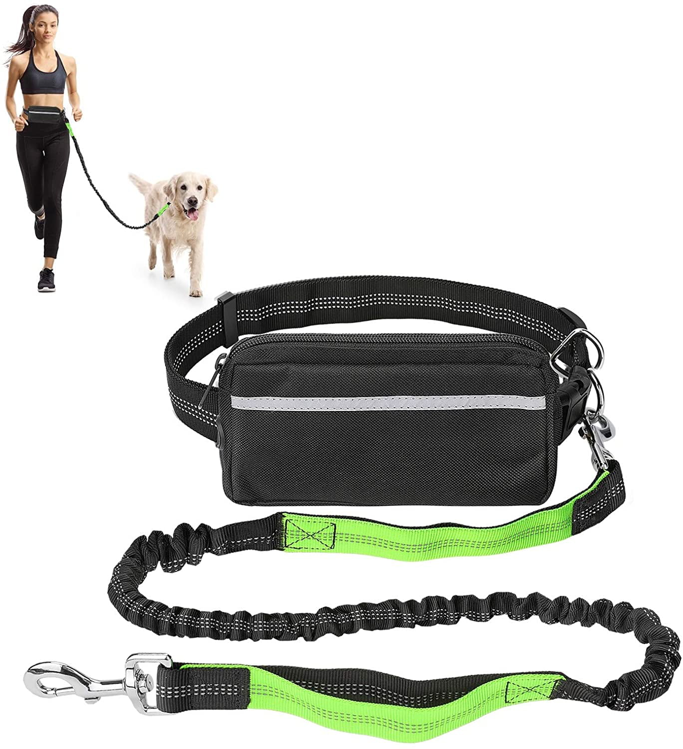 Training Green Adjustable Waist Belt with Zipper Bag Walking Up to 33 Ib Dog Waist Leash for Running CestMall Dog Running Leash Hands Free Dog Leash for Small and Medium Dog Reflective Stitches 