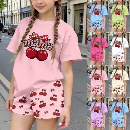 Auroural Girls 2 Piece Sets 14-16 Children s Summer Cherry Printing Leisure Round Neck Short Sleeves Top and Shorts Two-Piece Set for Kids