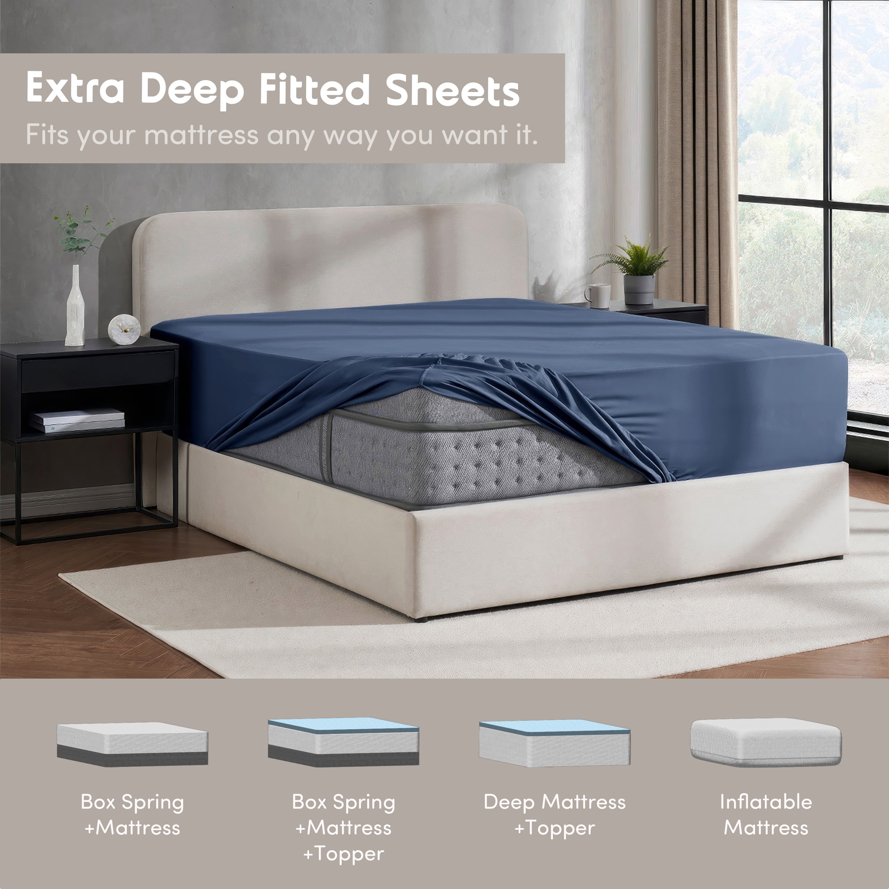 Lammaloe 2 Pack Extra Deep Pocket Queen Fitted Sheet Only, Fits 18" to 24" Mattress, Soft Microfiber Fitted Bed Sheet, Navy Blue