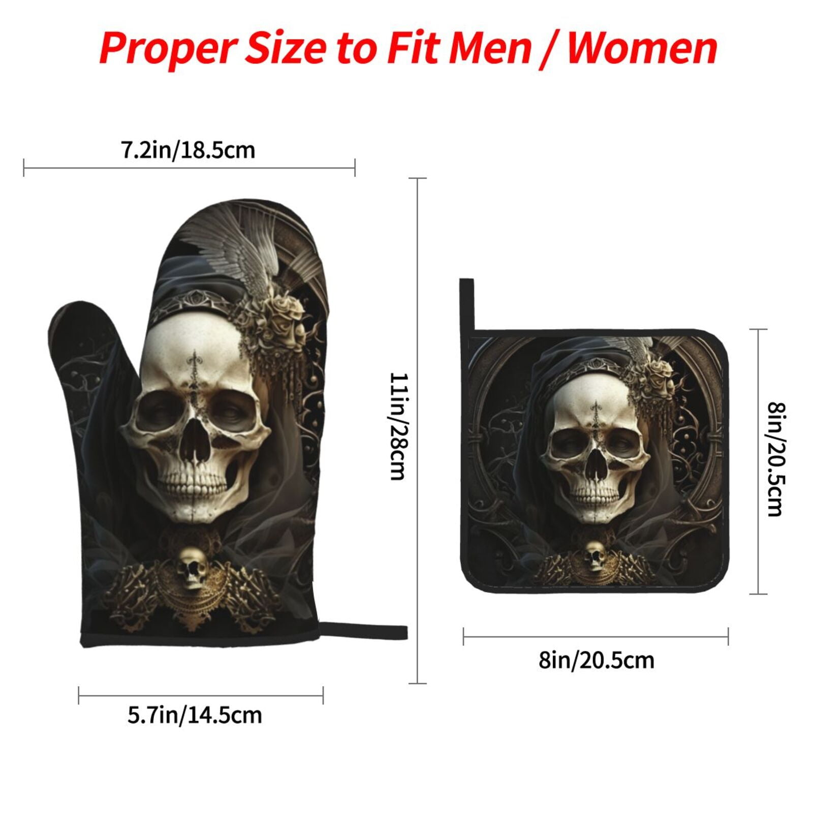 Gothic Witchy Skull Black 4Pcs Oven Mitts and Pot Holders Sets Oven Kitchen Gloves Hot Pads for Cooking BBQ Baking Grilling