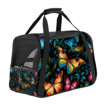 Flower Butterfly Premium Fabric Carrier Bag with Sherpa Base and Nylon Webbing Handles - 17x10x11.8 in - Durable 900D Oxford Cloth Construction - Pet Travel Tote