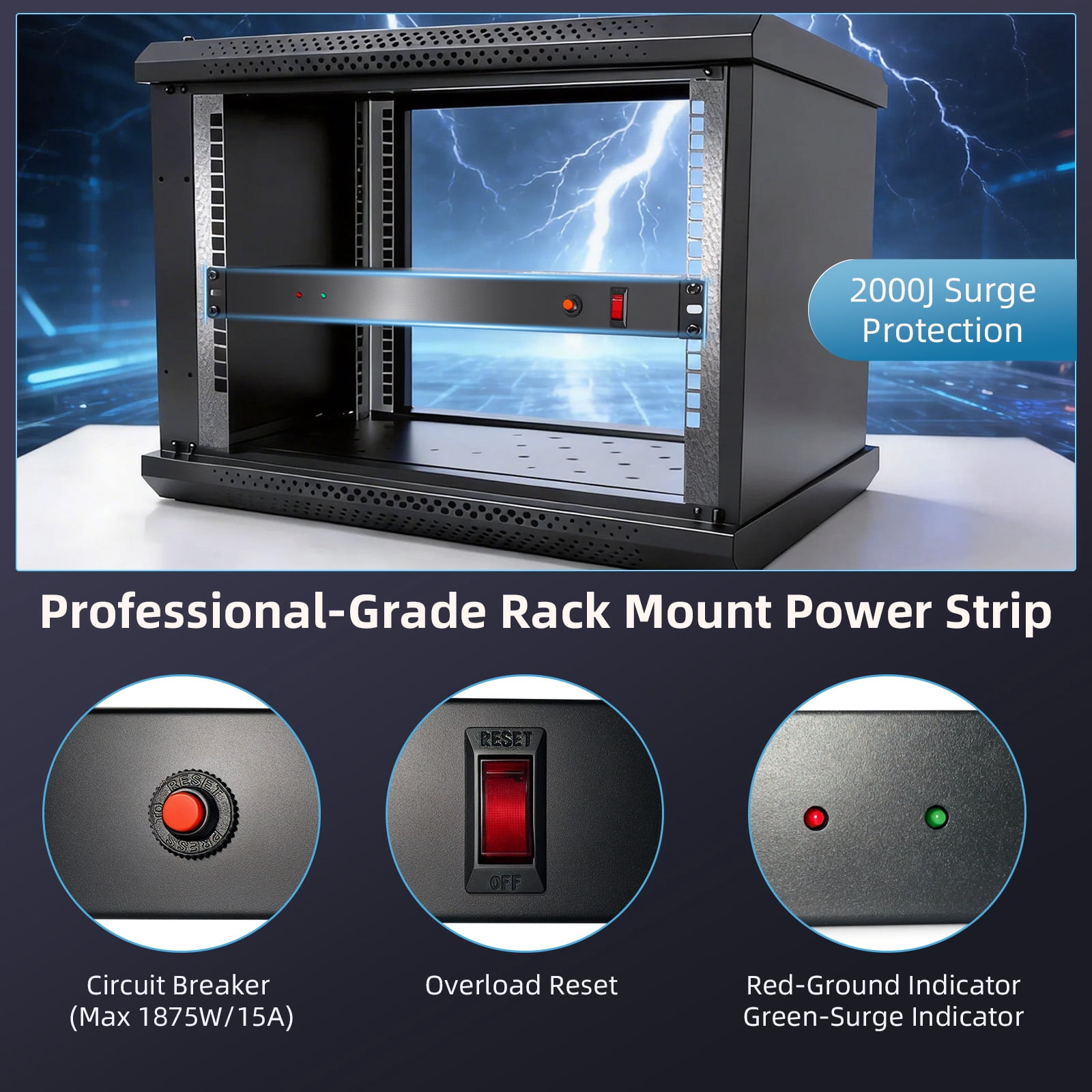ZHANGONG 1U Rack Mount PDU, 8-Outlet Power Strip with Surge Protector, 2000J, 15A Overload Protection, 6FT 14AWG Cord for Server Rack Network Studio