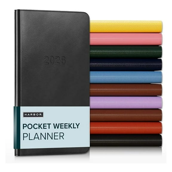 Pocket Weekly Monthly Planner 2025-2026 - Calendar Planner and Notebook, Durable Faux Leather, 192 Pages, Softcover & Book Bound - Cambridge Black - 6 x 3.25 "