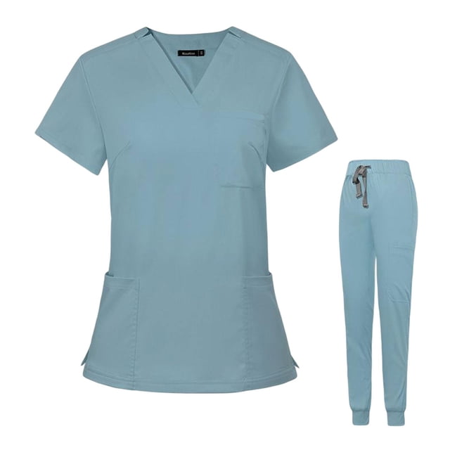 Conjunto de uniformes s de enfermería con bolsillos, conjunto de pantalones suaves elásticos, transpirable, traje de jogger para SPA , Azul claro, M