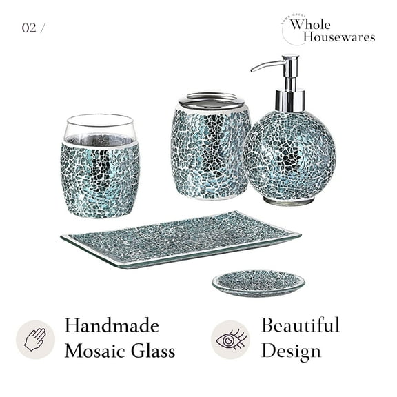 5Piece Bathroom Accessory Set, Mosaic Glass Ensemble-Soap Dispenser/Toothbrush Holdertum Navy Blue