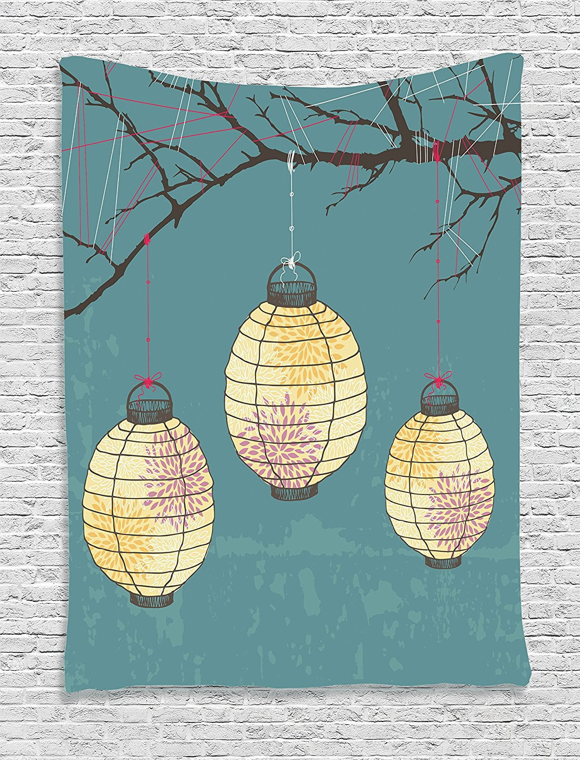 Lantern Decor Tapestry by , Three Paper Lanterns Hanging On Branches