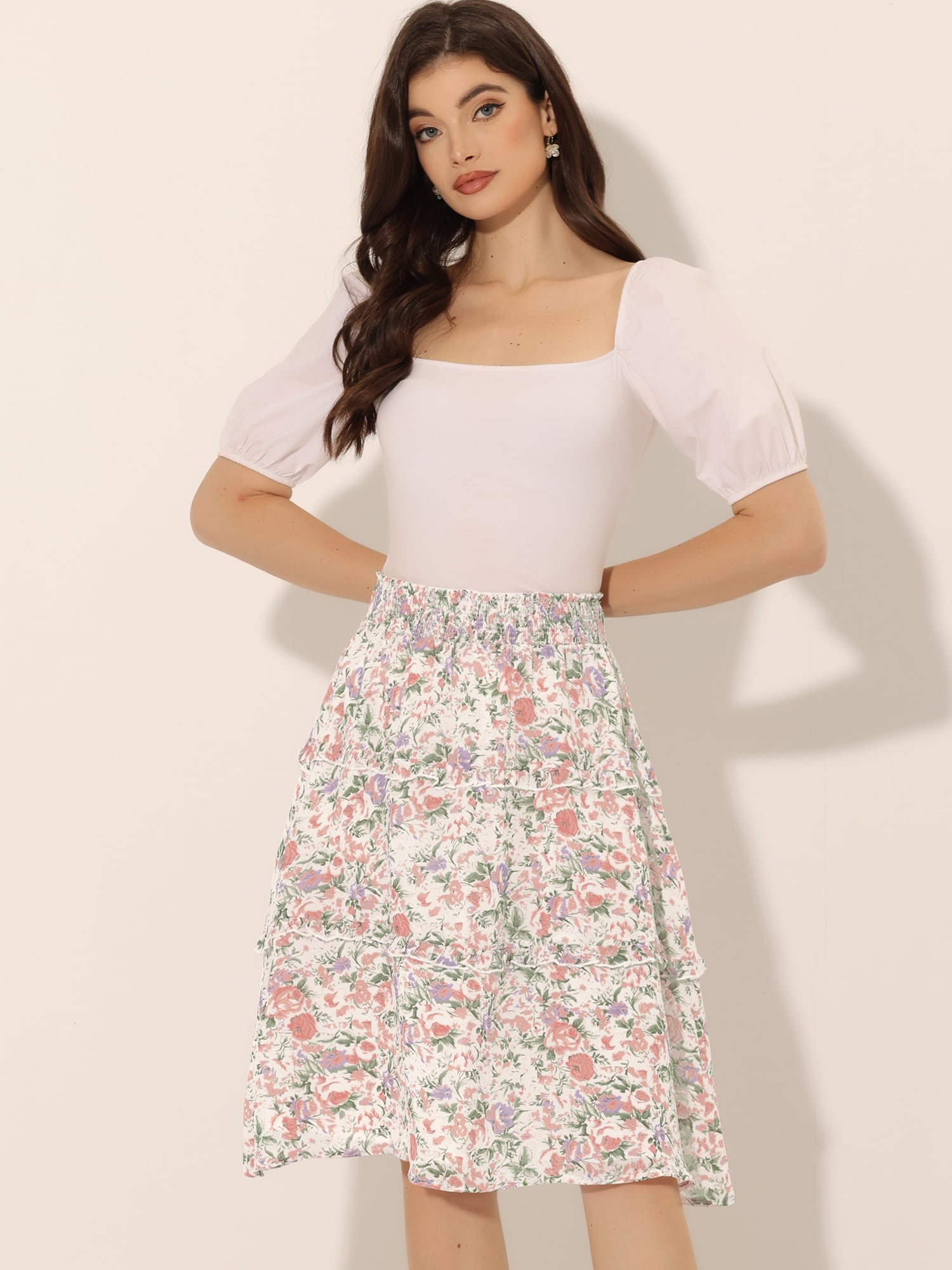 DARING DIVA Women's Floral Chiffon Layer Ruffle Hem Midi Skirt XL White2
