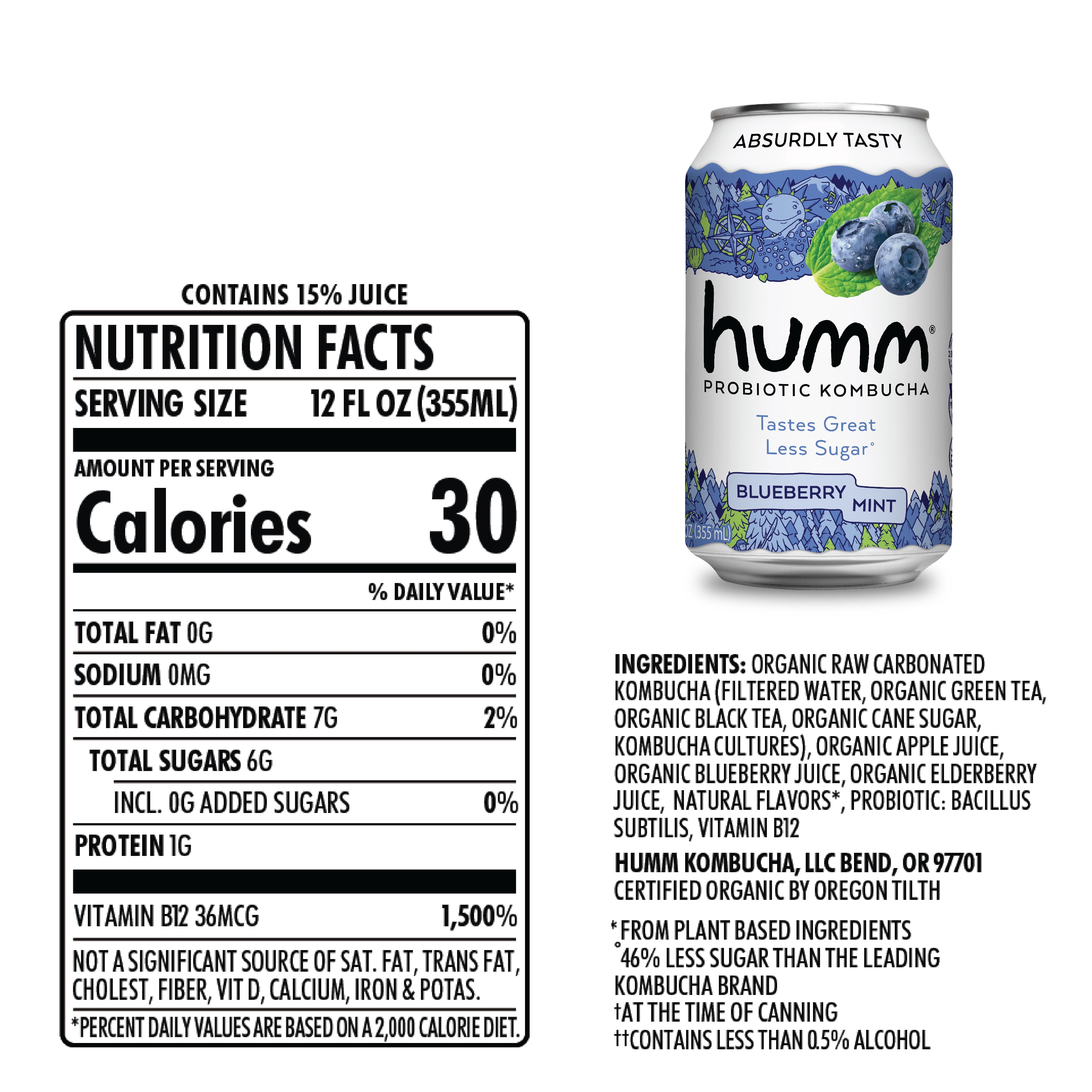 Humm Kombucha Tea, Blueberry Mint, Probiotic, Organic, 12oz Can