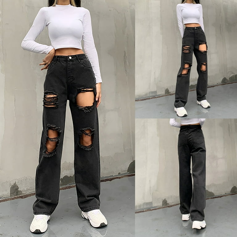 Fashion Solid Slim Color Casual Jeans Jeans Ripped Edge Straight Pants Size  20 Pants for Women Denim Pants Stretch Leggings for Women Jean Pants for Women  Tall Women Pants 
