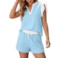 thumbnail image 6 of Bloomae Womens 2 Piece Lounge Sets Summer Outfits Color Block V Neck Ruffle Cap Sleeve Tops and Drawsting Elastic Waist Shorts Loose Comfy Beach Vacation Matching Set Light Blue M, 6 of 10