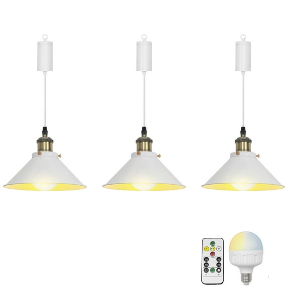 KAYYELAMP 3-Pack Hanging Light Rechargeable Battery LED Bulb Remote Dimmable White Metal Shade 3.2Ft Adjusted Cord Vintage Pendant Light for Home Kitchen Bedside
