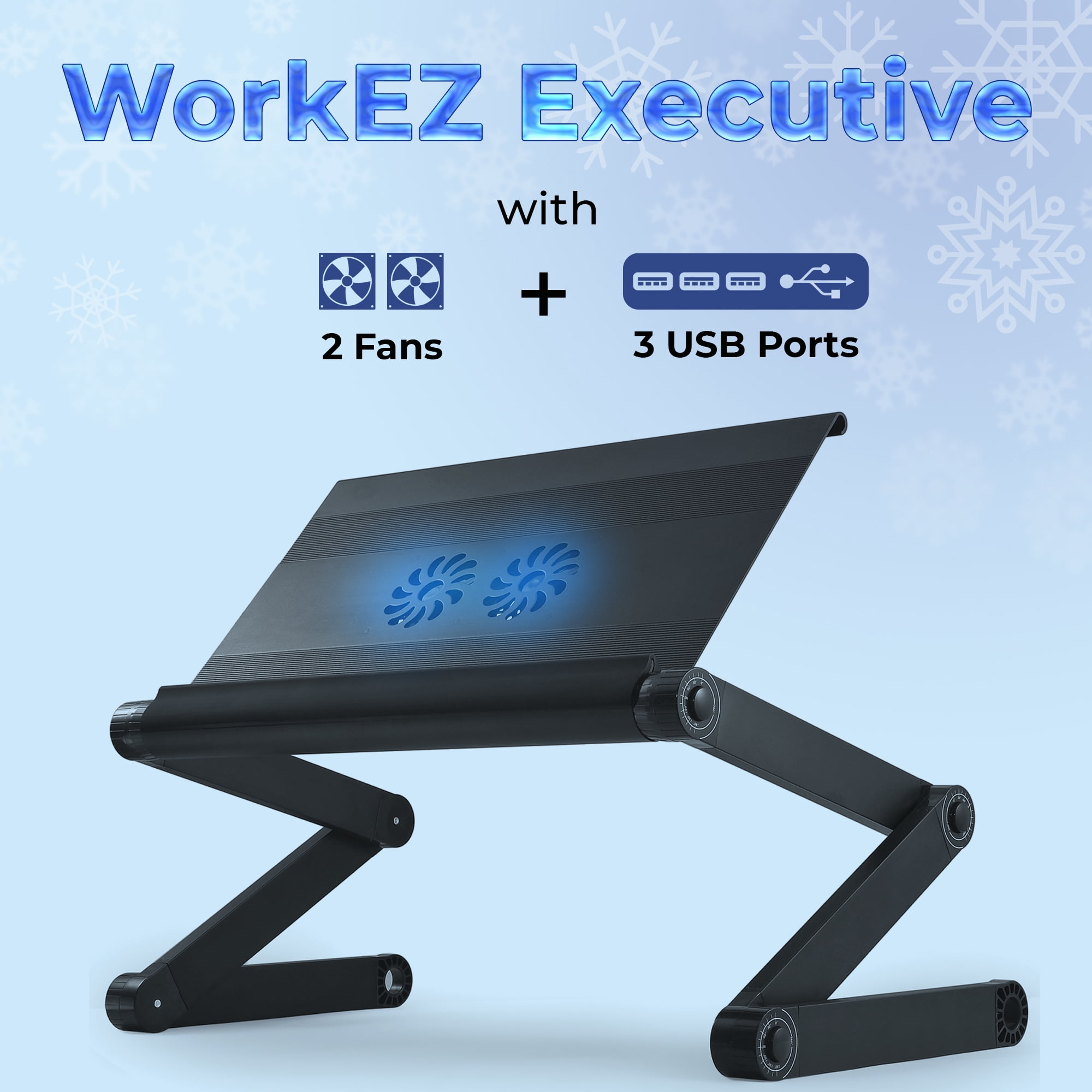Adjustable Laptop Cooling Stand with Dual Fans & USB Ports – WorkEZ Executive Foldable Aluminum Laptop Desk for Bed, Couch & Office, Ergonomic Riser for Laptops up to 17”
