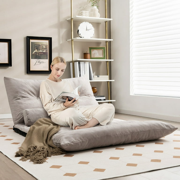 Costway Convertible Lazy Sofa Bed with 42 Level Adjustable Backrest 2 Lumbar Pillows Gray