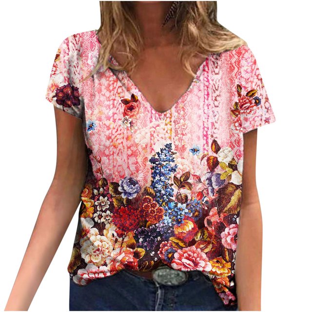 Hauts d'Été pour Femmes Manches Courtes Femmes Blouse d'Été Imprimée T-Shirts Décontractés Col en V Manches Courtes T-Shirts Hauts