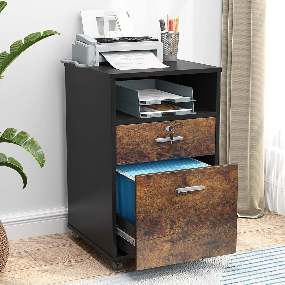 Tribesigns 2 Drawer Mobile File Cabinet with Lock Printer Stand with Rolling Wheels and Open Storage Shelf for Home Office Black Wood Modern Filing Cabinet for Letter Size