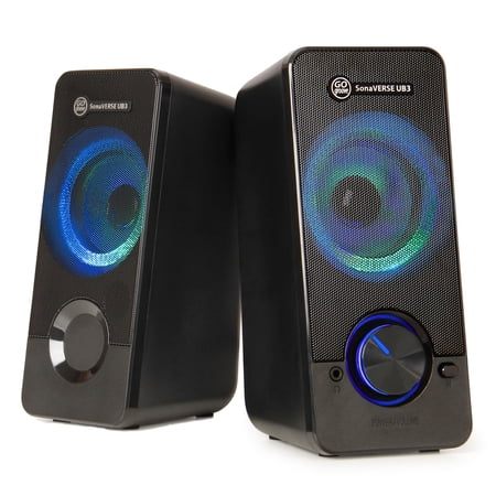 UPC: 0637836612925 | GOgroove UB3 LED Computer Speakers for Desktop and Laptop – USB Speakers with Loud and Clear Bass  2.5 Inch XL Drivers for 12W of Power  Built-in Headphone and AUX Input Ports  LED Volume Knob – Black