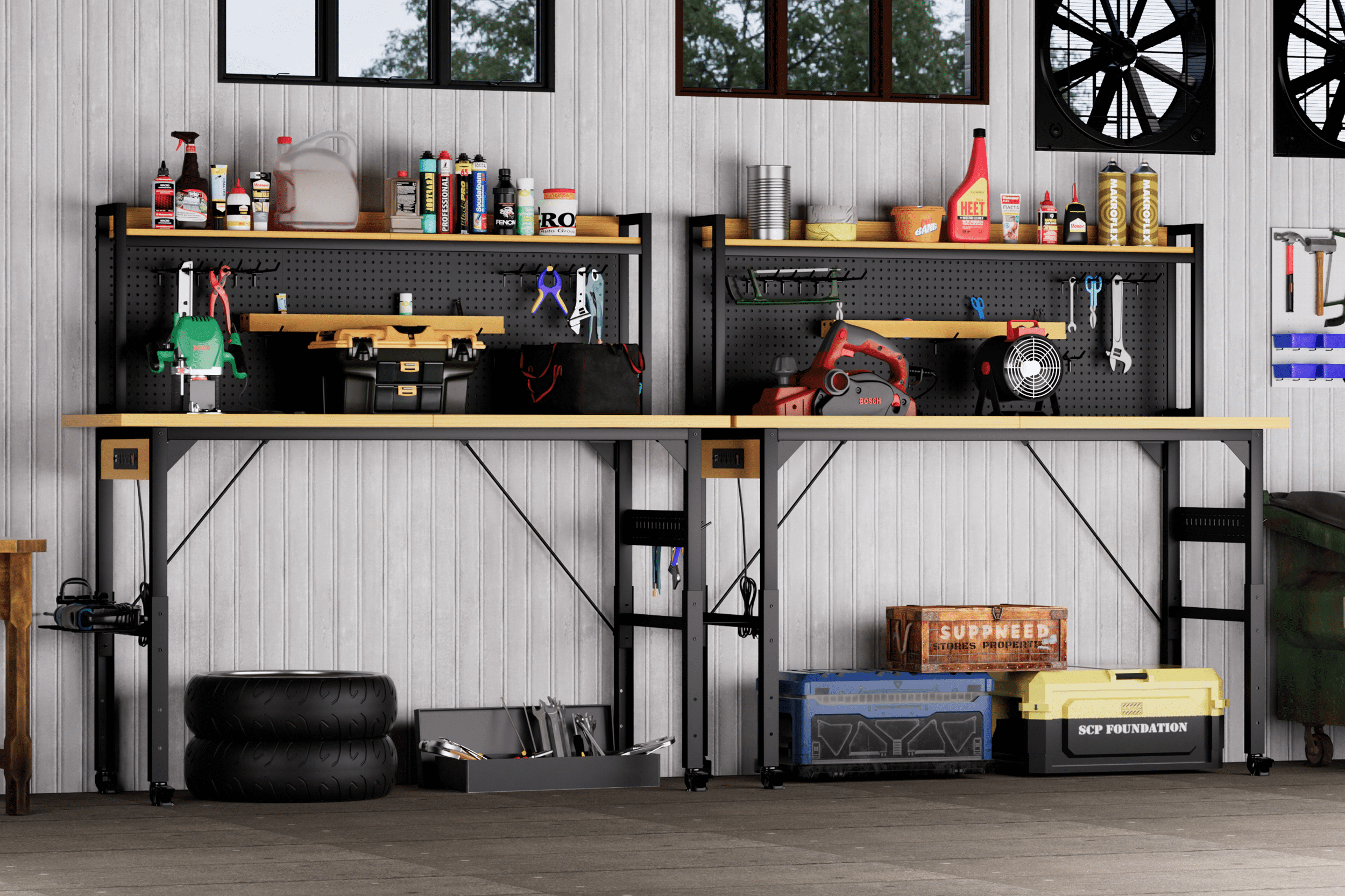 71" Adjustable Workbench with Pegboard, Heavy Duty Wooden Desktop Workbench with Wheels, 1600 lb. Load Capacity, Rolling Workbench with AC/USB Outlet,Hooks,Shelf for Garage,Workshop,Office,Home