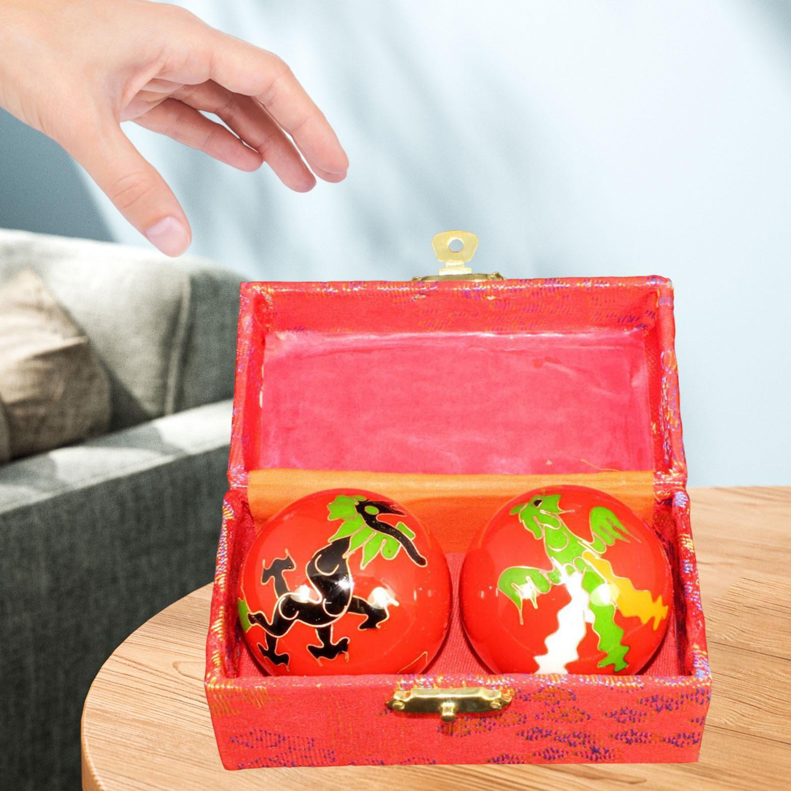 2 Pcs Massage Balls Chinese Exercise Handballs with Storage Box Durable Reusable Dragon